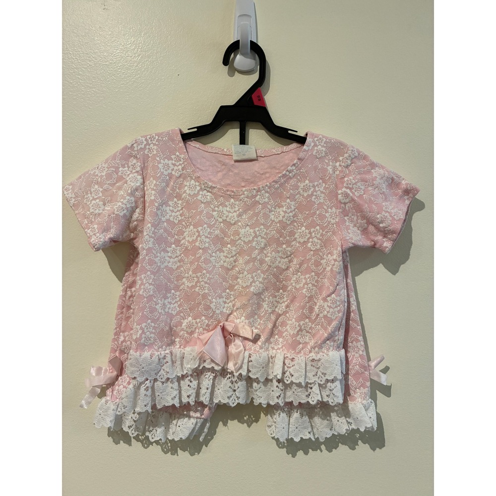 Young Hearts Girls Pink Floral Lace Print Ruffle Bows Outfit Size 6 Vintage